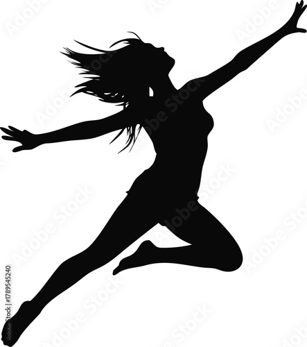 A silhouette of a woman leaping with arms outstretched in dynamic motion high quality