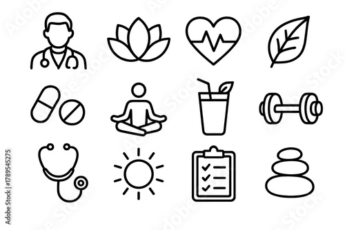 Holistic Health Symbols. Integrative Health linear icon set: doctor, lotus flower, heart pulse, green leaf, vitamins, yoga pose, smoothie, dumbbell, stethoscope, sunlight,