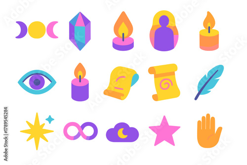 Vibrant Spiritual Icons. Spiritual Fate modern flat icons set: moon phase, crystal, aura, third eye, candle flame, scroll, spark, infinity loop, feather, dream cloud, star, palm.
