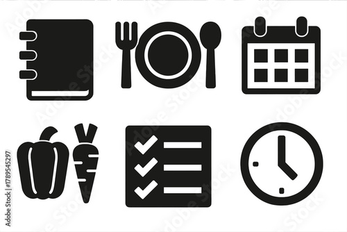 Meal Planning Icons. Meal Planning Essentials silhouette icon set: notebook, plate, fork, spoon, calendar, clock, vegetables, checklist.