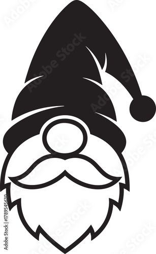 A stylized black graphic of a Christmas gnome with a floppy hat round nose and long pointed beard.