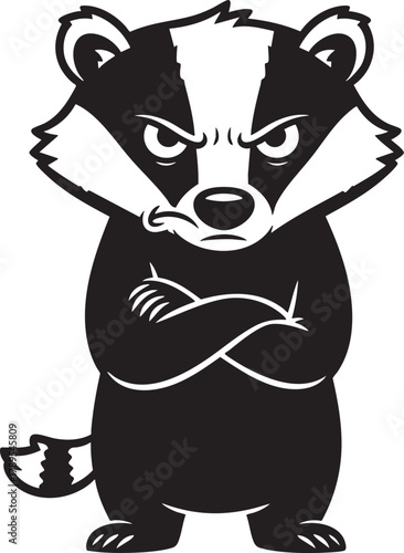 A tough grumpy cartoon badger with folded arms and an angry frowning expression.