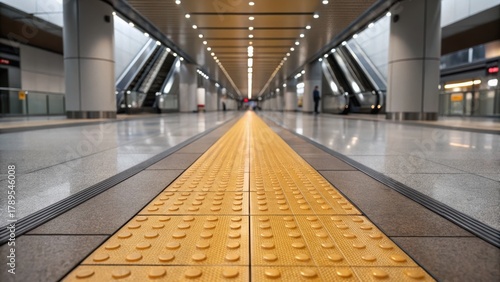 Fototapeta Naklejka Na Ścianę i Meble -  tactile paving A modern subway station with a focus on the tactile ground indicators and sleek architectural lines.