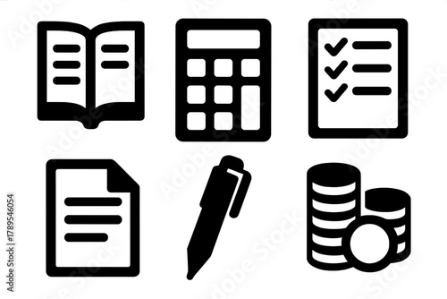 Bold Bookkeeping Icons. Bookkeeping silhouette icon set: ledger book, calculator, checklist, document, pen, coin stack.