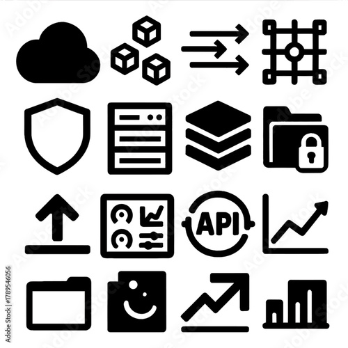 Bold Cloud Microservices Icons. Cloud Microservices silhouette icon set: cloud icon, small cubes, data flow, network grid, shield emblem, server rack, virtualization layers, secure