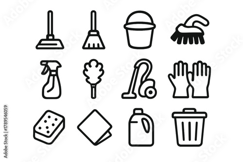Home Cleaning Icons. Home Cleaning Tools linear icon set: mop, broom, bucket, brush, spray bottle, duster, vacuum, gloves, sponge, cloth, detergent, trash bin. , .