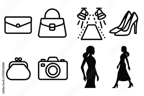 Chic Fashion Essentials. Bags Fashion Show Essentials linear icon set: clutch, handbag, runway, spotlight, heels, purse, camera, model silhouette.
