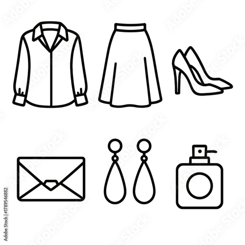 Chic Fashion Icons. Chic Essentials linear icon set: blouse, skirt, heels, clutch bag, earrings, perfume.