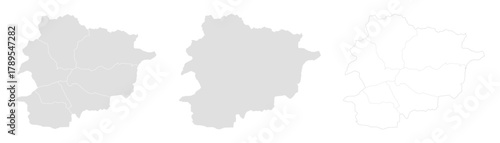 Andorra map vector set including three styles outline map, plain map, and detailed version with borders and regions. Perfect for infographics, education, travel, and presentation. Vector, symbols.