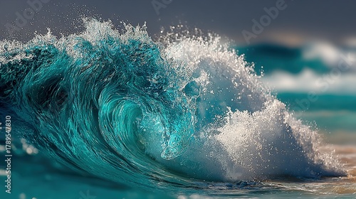 Fototapeta Naklejka Na Ścianę i Meble -  Large ocean wave crashing with sea foam against a blurred beach background.