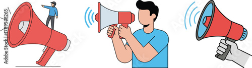 Public speaking and communication vector illustration with man using megaphone and sound waves concept