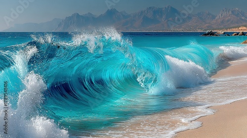 Fototapeta Naklejka Na Ścianę i Meble -  Turquoise wave crashing on a sandy beach with mountains in the background.
