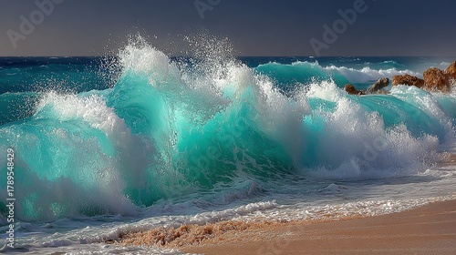 Fototapeta Naklejka Na Ścianę i Meble -  Ocean wave crashing on sandy beach with turquoise water and dark sky.