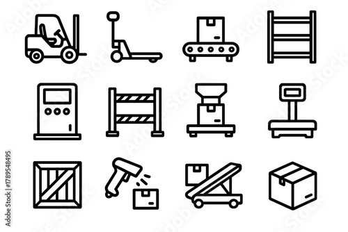 Warehouse Equipment Icons. Warehouse Equipment linear icon set: forklift, pallet jack, conveyor, shelving unit, control panel, safety barrier, packaging machine, scale, crate,