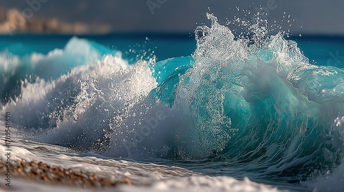Fototapeta Naklejka Na Ścianę i Meble -  Ocean wave crashing on shore with turquoise water and white foam.
