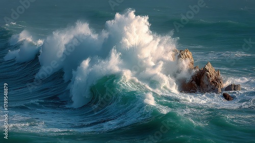 Fototapeta Naklejka Na Ścianę i Meble -  Ocean wave crashing against rocks creating splash and foam with turquoise water.