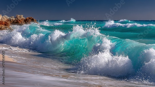 Fototapeta Naklejka Na Ścianę i Meble -  Waves crashing on a sandy beach under a clear blue sky.