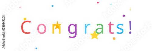 Multicolored text spells "Congrats!" with letters in red, orange, yellow, purple, green, and blue