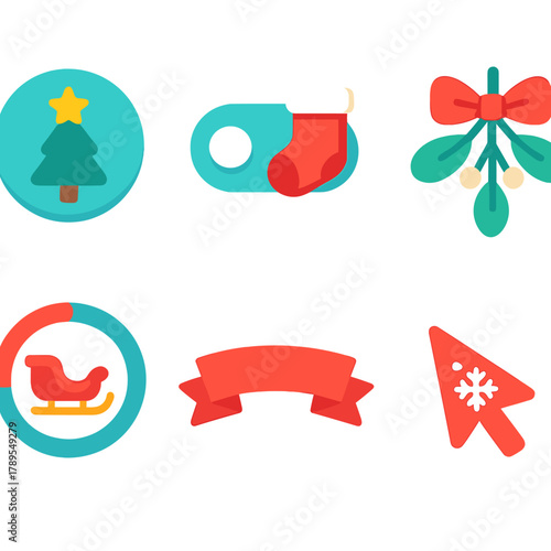 Minimal Christmas Icons. Christmas Interface flat icons: tree button, stocking toggle, mistletoe icon, sleigh progress ring, ribbon banner, snow effect cursor.