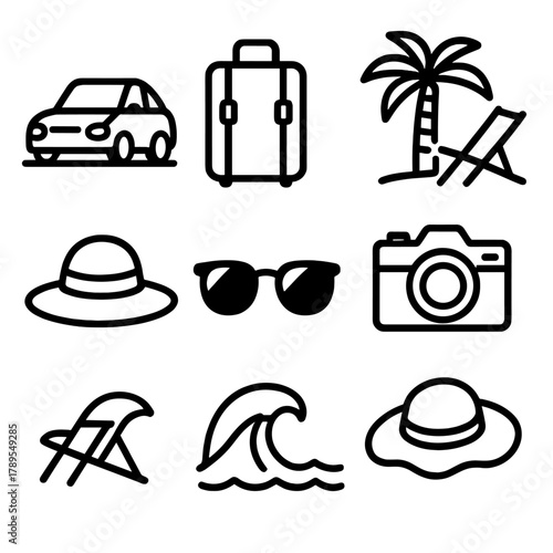 Vacation Travel Icons. Getaway Concept linear icon set: car on road, suitcase, palm tree, beach chair, camera, sun hat, sunglasses, ocean wave.