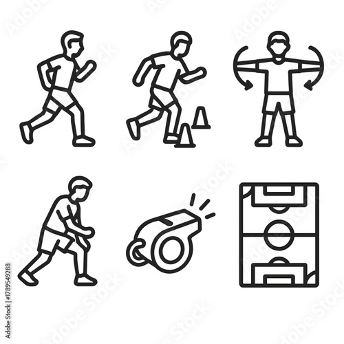 Athletic Training Icons. Sports Warm-Up linear icon set: athlete jog, cone drills, arm rotation, dynamic stretch, whistle, practice field.
