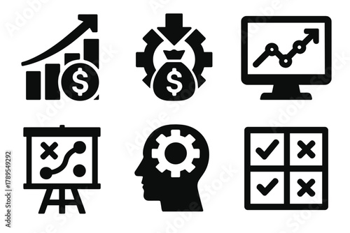 Brutalist Business Icons. Business Optimization silhouette icon set: revenue growth, cost efficiency, KPI improvement, strategic planning, productivity boost, decision matrix.