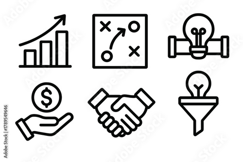 Business Innovation Icons. Business Innovation linear icon set: growth chart, strategic plan, innovation pipeline, funding icon, partnership handshake, idea funnel.