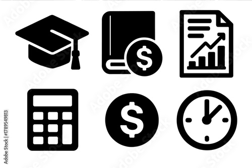 Student Loan Icons. Student loans silhouette icon set: graduation cap, book, dollar coin, document chart, calculator, clock.