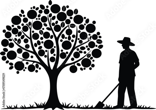 Silhouette of gardener working near fruit tree, nature landscape vector illustration, perfect for farming, agriculture, gardening, environment, and eco-friendly design themes