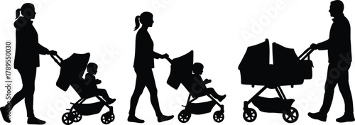 Silhouette of parents walking with baby strollers and children, family care concept, parenthood, childcare, parenting lifestyle, outdoor activity illustration