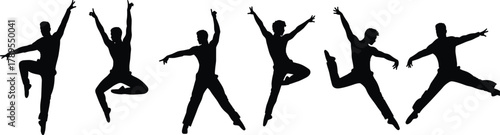 Silhouette of men jumping and dancing in motion, energetic poses expressing joy, freedom, and celebration, perfect for fitness, sports, and lifestyle vector design