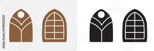 Set of arched window icons in black and brown. Collection of four stylized arched window icons in black and brown tones, representing architecture, home design, and decorative elements.

