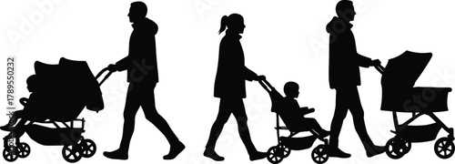 Silhouette of parents walking with baby strollers, family care and parenting lifestyle concept, childcare, motherhood, and fatherhood vector illustration design