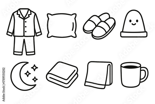 Bedtime Comfort Icons. Bedtime Comfort Set linear icon set: pajama, pillow, slippers, night light, blanket, moon, stars, cup.