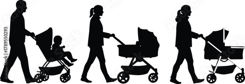 Silhouette of parents walking with baby strollers, family care and parenting lifestyle concept, childcare, motherhood and fatherhood vector illustration design