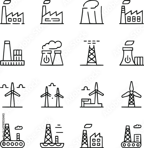 Energy & Industry Outline Icons  Factories and Power Plants