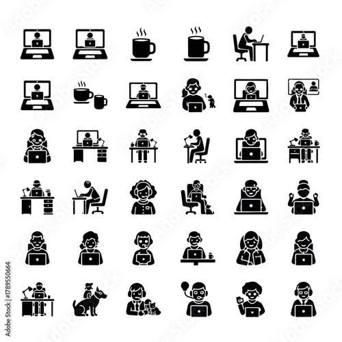 Solid glyph icons collection of remote work and freelancing concepts.