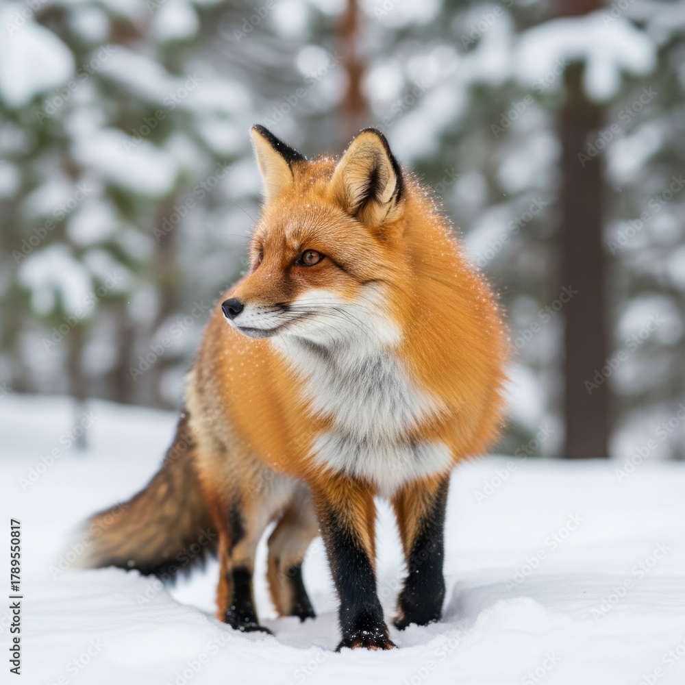 Obraz premium A majestic red fox standing in the snow in a forest looking to the left on a winter day