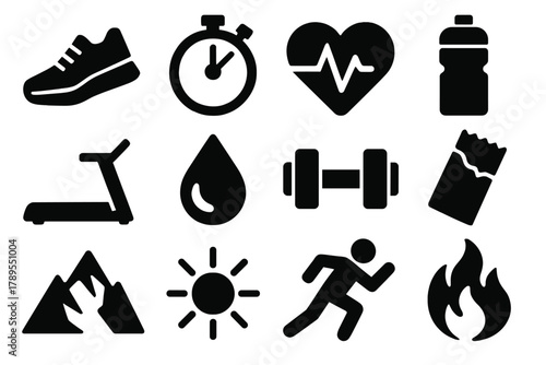 Endurance Icons Set. Endurance silhouette icon set: running shoe, stopwatch, heart pulse, water bottle, treadmill, sweat drop, dumbbell, energy bar, mountain, sun, runner, flame.