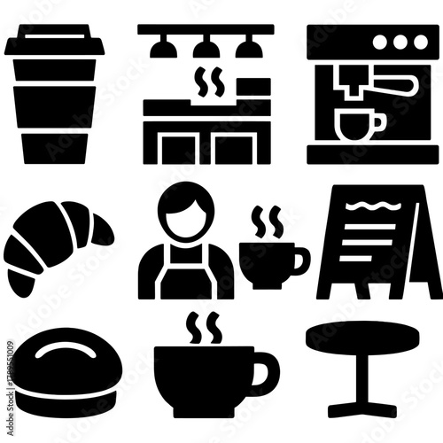 Brutalist Coffee Icons. Coffee Shop silhouette icon set: takeout cup, counter, espresso machine, chalkboard menu, pastry, barista, latte cup, small table.