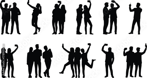 Silhouette people taking selfies, friends and couples posing together with smartphones, modern lifestyle vector illustration representing social connection, fun, and friendship moments