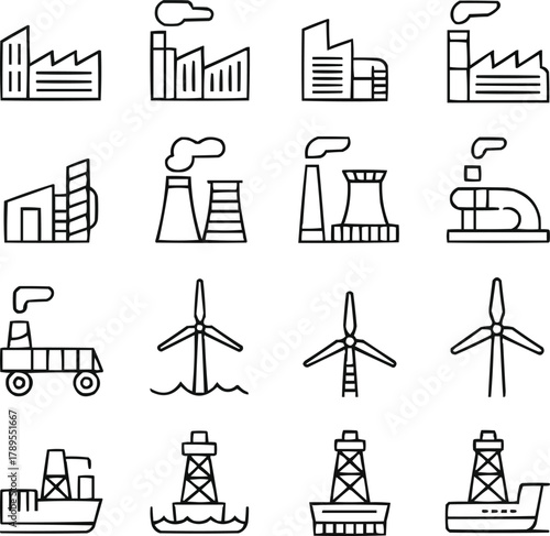 Energy & Industry Outline Icons  Factories and Power Plants
