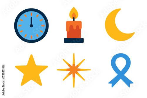 Midnight Icon Array. Midnight Hour flat icons: Clock Face, Candle, Moon, Star, Spark, Ribbon.
