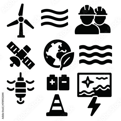 Offshore Clean Energy Icons. Clean Energy Offshore silhouette icon set: rotating turbine, ocean current lines, maintenance crew, electric plug, satellite monitoring, eco globe,