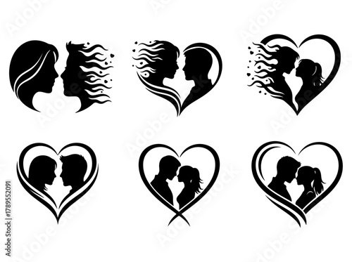 Collection of lovely silhouettes of couples in love, in heart shapes, perfect for Valentine's Day