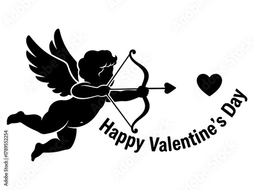 Black silhouette of Cupid aiming a bow and arrow at a heart with Happy Valentine's Day text vector