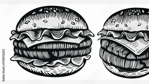 Vintage burger art for restaurant menus and food promotions, delicious black and white burger sketch style