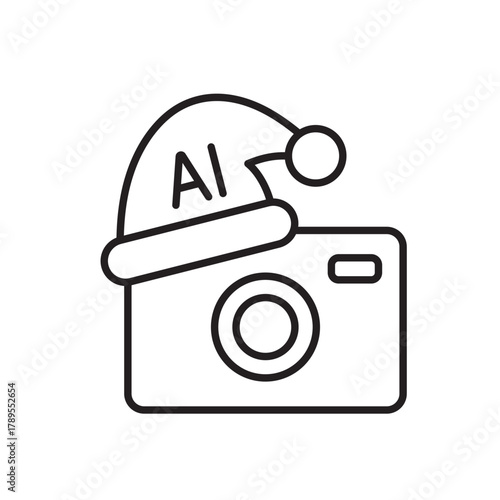 A vector icon showing a photo filter with AI for festive images, featuring a Santa hat and photo frame, created in line style with editable stroke