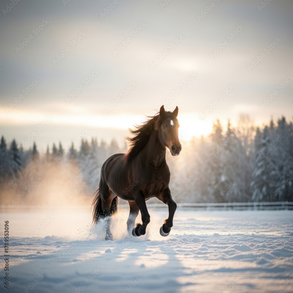 Obraz premium Majestic brown horse galloping through a snowy field at sunrise in winter landscape