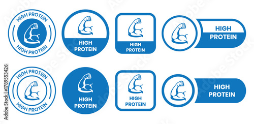 high protein food label emblem flat color vector illustration template design. high protein sign, logo, badge, icon, sticker, label, emblem, stamp, symbol, black, line, flat vector.